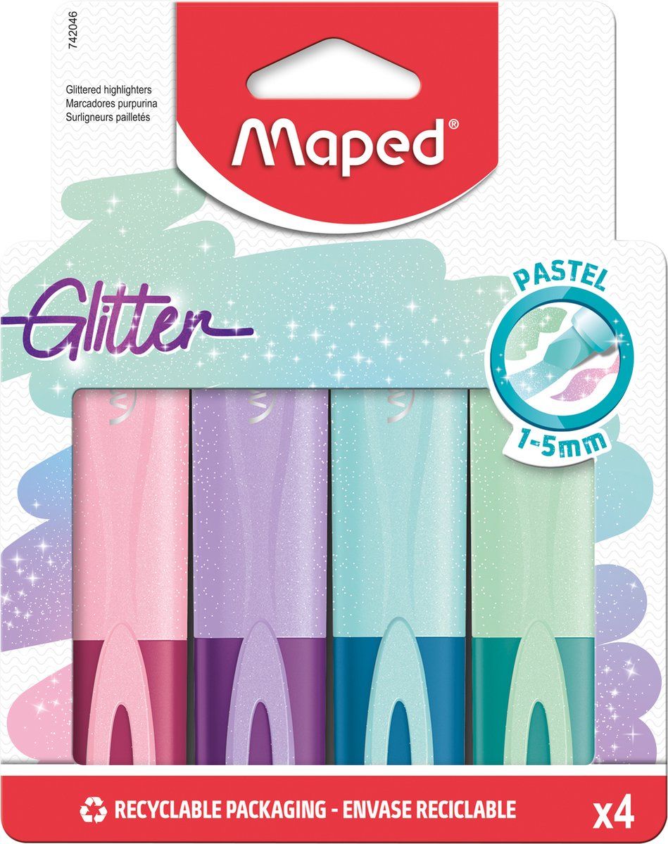 Maped Maped Fluo'Peps Glitter Pastel tekstmarkers - 4 stuks