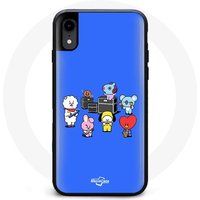 Maniacase iPhone X Hoesje BTS BT21 Tata Chimmy Cooky Rj Koya Shooky en Mang Speel muziek blauwe achtergrond