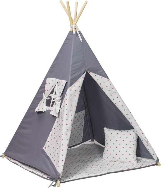 Viking Choice Wigwam tipi teepee tent - speeltent - 4 delig - 100% katoen - grijs en roze sterren