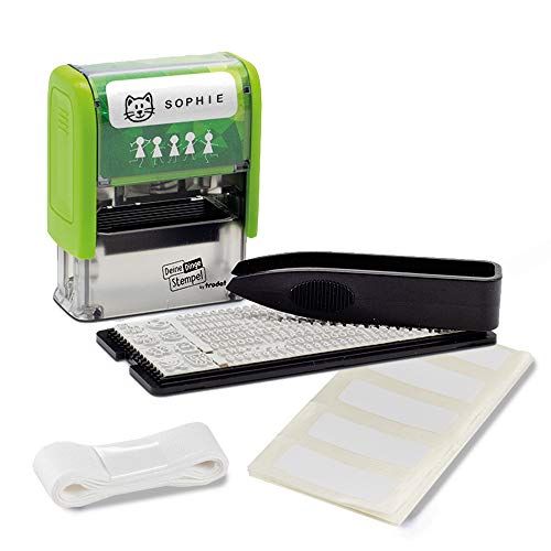 Trodat Stempel je spullen voor kinderen, stempelset om zelf vorm te geven – 3 regels, Duits, zelfkleurend, textielstempel wasmachinebestendig, 38 x 14 mm, afdruk zwart, inclusief accessoires