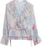 comma Blouse Lichtblauw Polyester Lange Mouw V-hals Gebloemd Regular Fit Dames 44