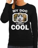 Bellatio Decorations Husky Trui / Sweater My Dog Is Serious Cool Zwart - Dames - Siberische Huskys Liefhebber Cadeau
