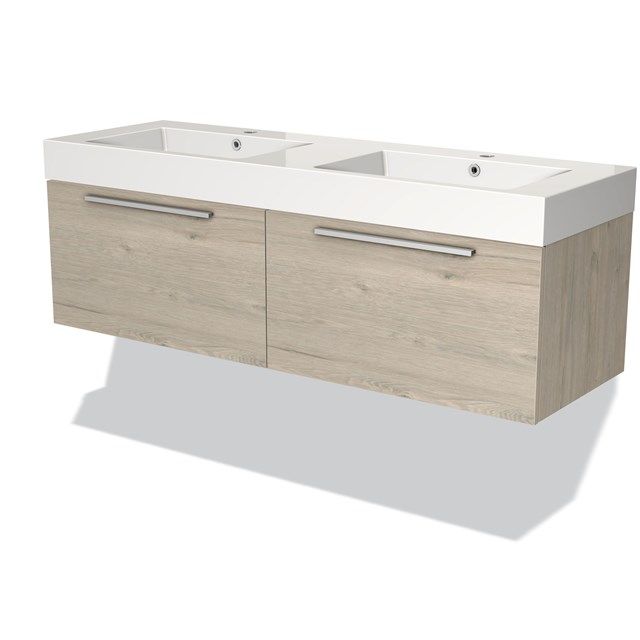 Maxaro Badkamermeubel 140cm Modulo Lichtgrijs Eiken 2 Lades Vlak Wastafel Mineraalmarmer