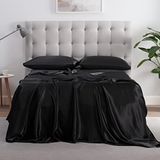 Serta SatinLuxury 4-delig zacht lichtgewicht beddengoed met diepe zakken, zijdeachtig satijnen lakenset met kussenslopen, queensize, zwart