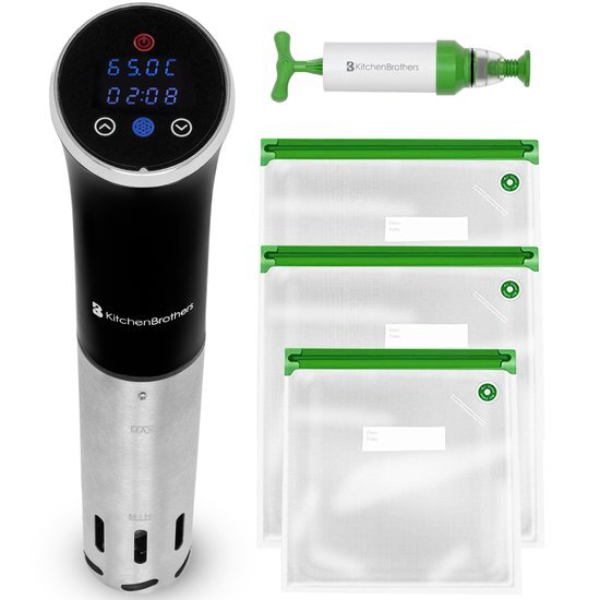 KitchenBrothers Sous Vide Stick - Complete Set - Inclusief Vacuum Zakken, Vacuümpomp, Knijpers en Kookboek - 0 tot 95°C - 1200W - Zwart/RVS