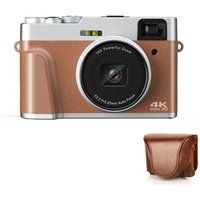 Aiorber Digitale camera met retro lederen hoesje, 4K HD, geelbruin