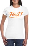 Bellatio Decorations Verkleed T-shirt voor dames - feest - wit - oranje glitter - carnaval S