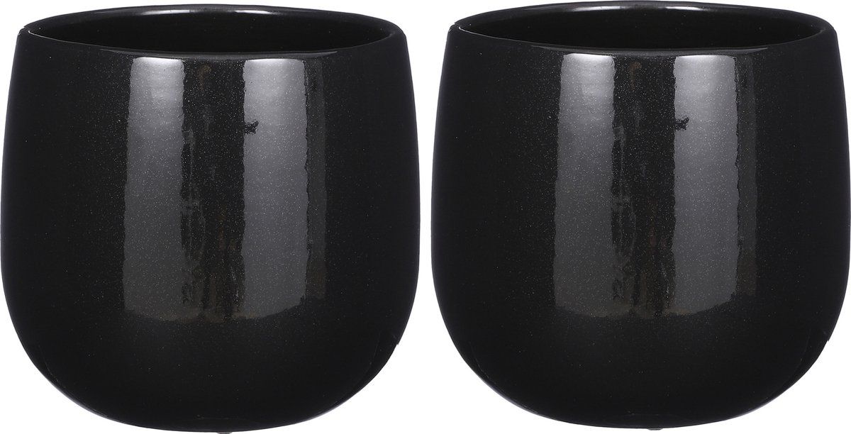 Mica Decorations - Plantenpot/bloempot - 2x stuks - keramiek - zwart glans/spotted - D21/H19 cm