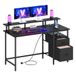 Bureau gaming avec lumières led et multiprise 2 tiroirs 2 ports usb, Noir Boisé / 135L cm