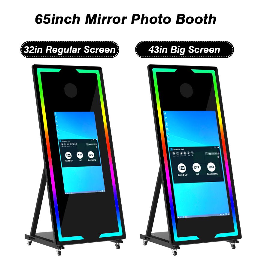 NONE Twee 65-inch spiegelfotocabines, uitgerust met camera's en printers; een draagbare self-service fotocabine met een magische spiegel