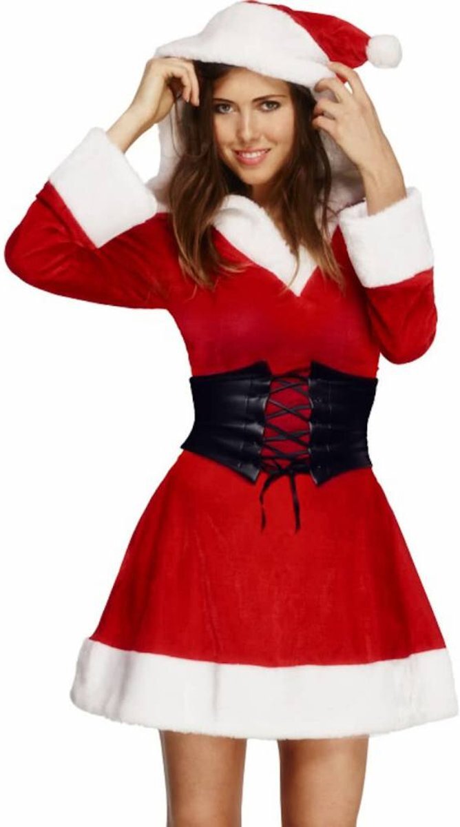 Smiffys Miss Santa jurkje met capuchon - Kerstvrouw kostuum dames maat 40-42