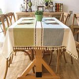 Lifetooler Blauw-groene strepen, Rectangular/Oval, 55 x 102 inch, 8-10 seats Wasbaar Katoenen Linnen Tafelkleed Tassel Design Tafelkleed Stofdicht Rechthoekig Tafelovertrek voor de decoratie van het keukenbuffet.