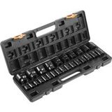 Jeu de douilles à choc 1/2", 26 pièces, 6 pans, construction robuste en Cr-v, métrique 10-36 mm, avec cage de rangement.