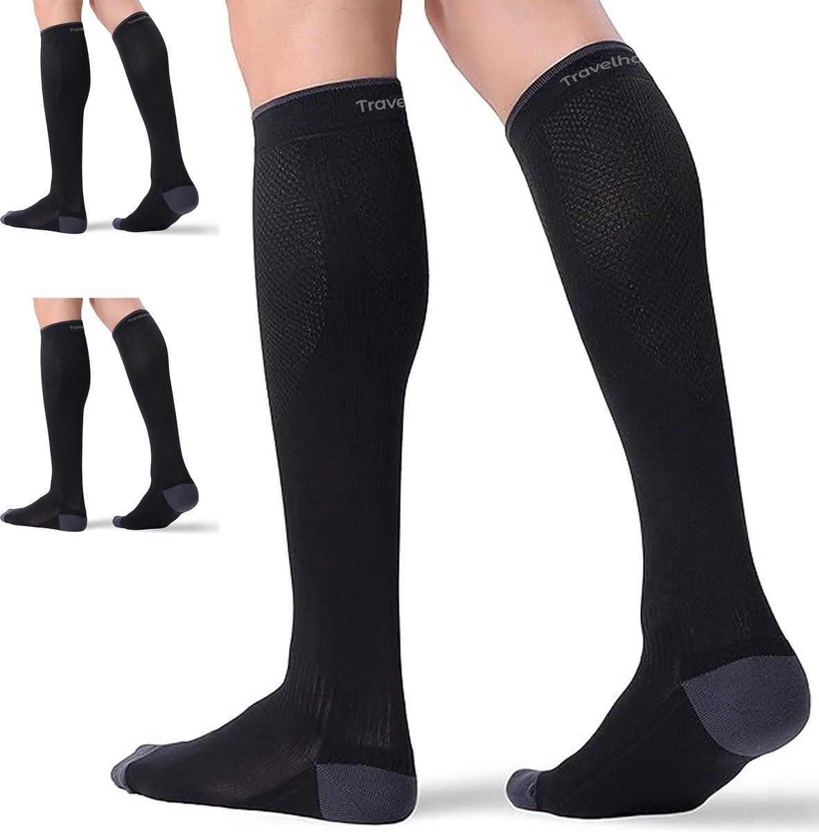 Travelhawk Compressiekousen Zwart - 3 Stuks - L/XL