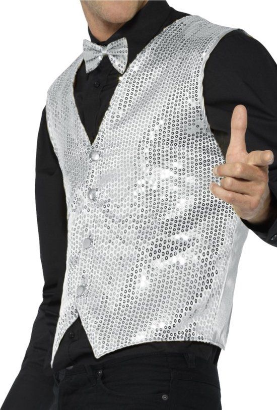 Sequin Waistcoat - Zilver / Grijs - Maat L - Mannen