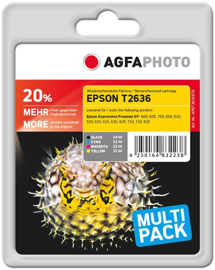 AgfaPhoto APET263SETD - Inktcartridge - Zwart, Cyaan, Geel, Magenta - 14/12 ml - 2600 Pagina's - Multipack