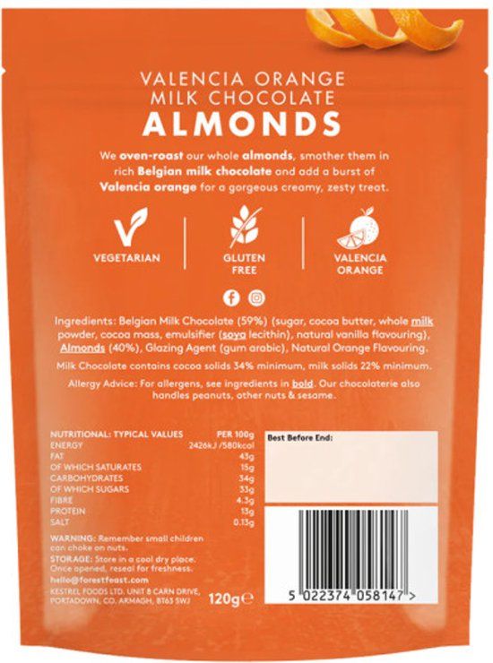 Forest Feast Valencia Orange amandelen met melkchocolade, 120 g