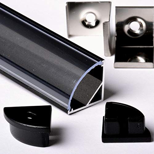 AFTERTECH Aftertech® 2 m 2 meter 1616N 16 x 16 mm aluminium profiel ronde hoek voor LED-strips stijve bar 2 meter + afdekking (1616N transparant zwart profiel)