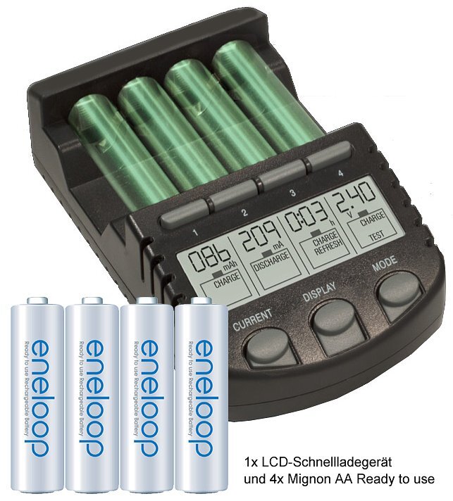 ACCUCELL Snelle oplader met LCD-scherm + 4x Sanyo Eneloop 2000mAh