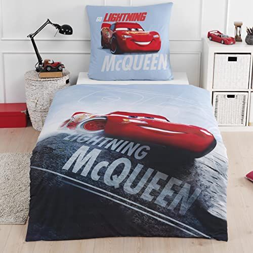 termana Cars Beddengoed, dekbedovertrek, 135 x 200 cm, 80 x 80 cm, kinderbeddengoed voor jongens, Disney's Cars auto, 2-delig, katoen