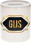 Bellatio Decorations Spaarpot met voornaam Gijs - wit - met goud/zwart embleem - 8 x 9 cm - keramiek - met afsluitdop - cadeau verjaardag