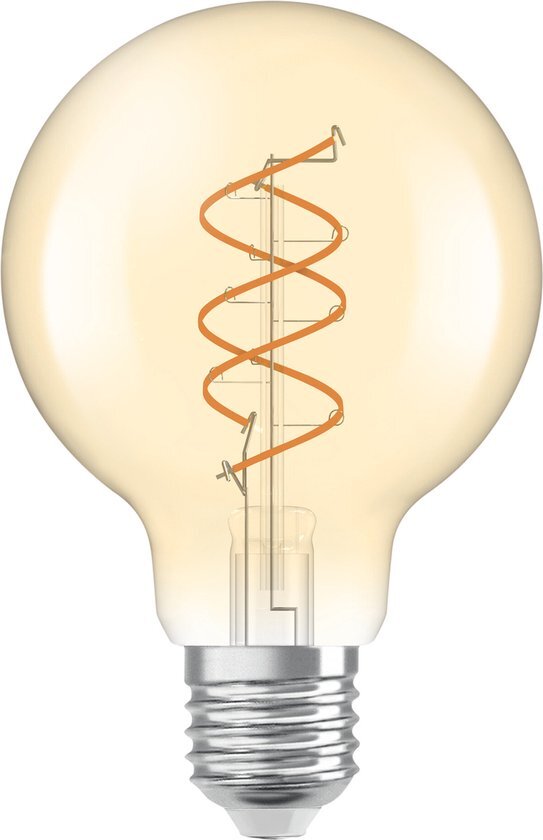 OSRAM Vintage 1906 Globe ist eine warmweiße, dimmbare LED-Lampe in Ballform mit spiralförmigem Filament. Sie bietet 8 W für 806 lm, E27 Fassung, goldfarbenes Glas, 80 mm Durchmesser, 2200 K, EEK F.