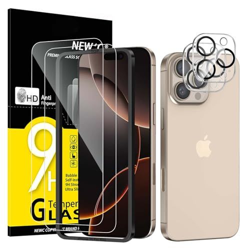 NEW'C 2 x Screen Protector voor iPhone 16 Pro Max (6,9 inch) en 2 x Camera Lens Protector