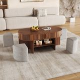 STILVORA Salontafel - Ovale Opbergtafel Met Schuifdeuren En Poefs - Voor Woonkamer - Houtlook Walnoot - 120x60x51,5 Cm