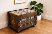 Retro Musique Houten LP Krat Op Wielen - 12 inch - Bruin - Voor 100 LP's