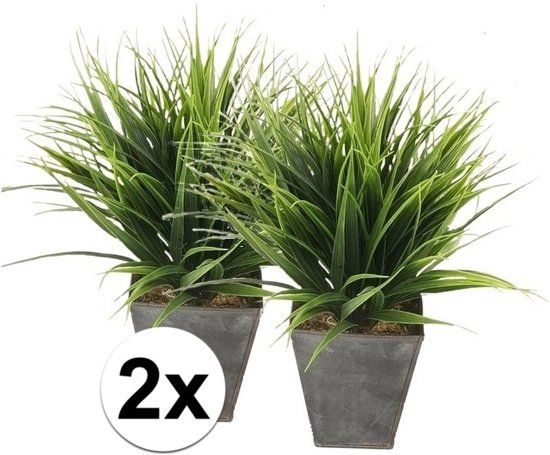 Bellatio Flowers & Plants 2x Groene kunst grasplant in zinken pot 30 cm - Kunstplanten