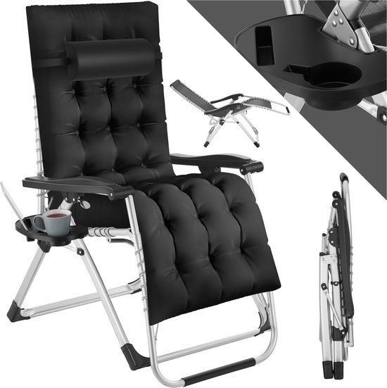 tectake Opklapbare ligstoel - Zwart - Verstelbaar - Met Kussen - 200 kg