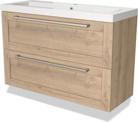 Maxaro Badkamermeubel 100cm Modulo Slim Lichtbruin Eiken 2 Lades Kader Wastafel Mineraalmarmer - 6095834258240