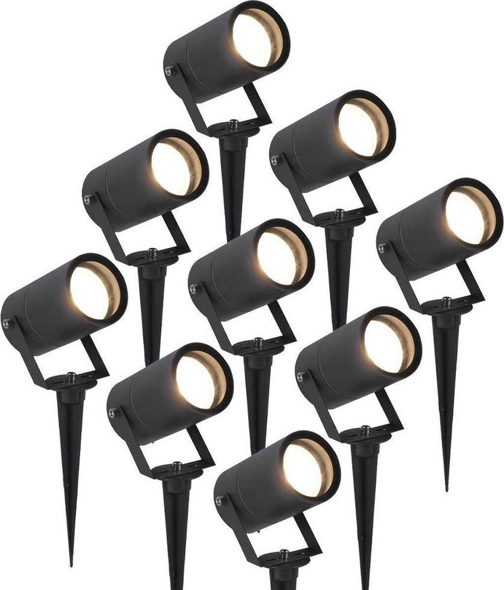 HOFTRONIC 9x Spikey - Tuinspot voor buiten - LED - Zwart - 4000K Neutraal wit - Waterdicht - 5 Watt - 400 Lumen - 230V - Verwisselbare GU10 lamp - Prikspot met grondspies - Richtbaar - Aluminium - Voor het uitlichten van planten/struiken en bomen