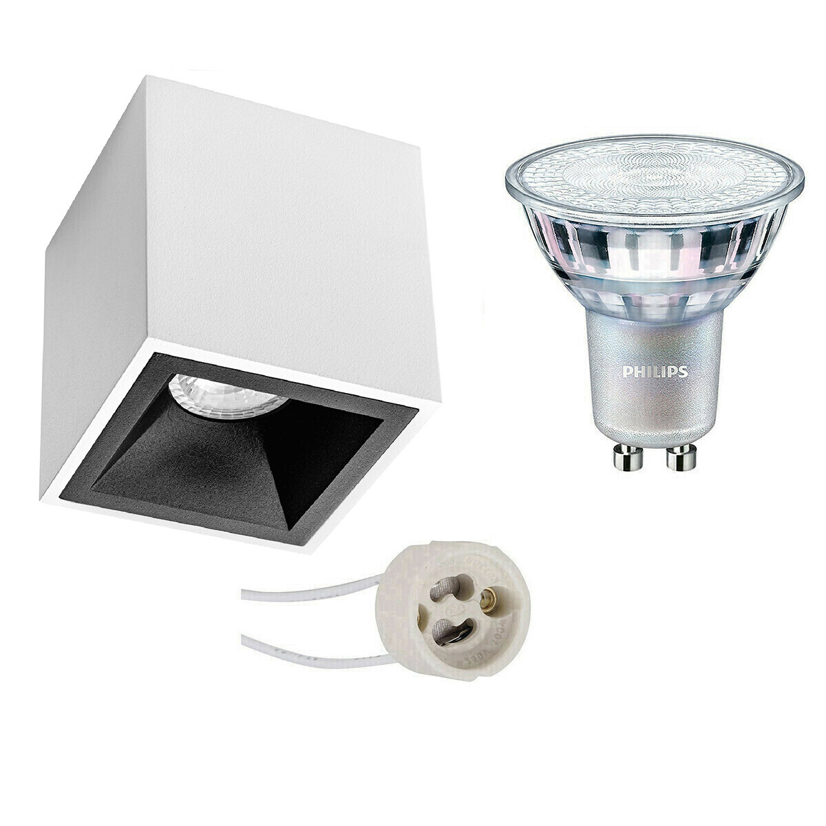 BES LED Opbouwspot Set - Pragmi Cliron Pro - GU10 Fitting - Opbouw Vierkant - Mat Wit/Zwart - Verdiept - 90mm - Philips - MASTER 927 36D VLE - 4.9W - Warm Wit 2200K-2700K - DimTone Dimbaar