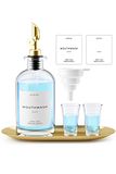 Moryimi Mondspoeldispenser, glazen mondspoelkaraf voor badkamer, mondspoelcontainer mondspoelfles met schenktuit, herbruikbare mondspoeldispenser set met kopjes, gouden lade en trechter