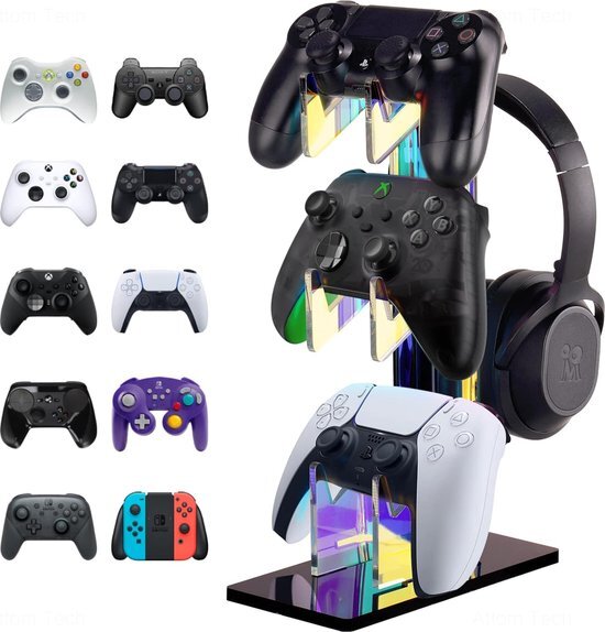 NiHome Iriserende Acryl 3-Tier Universele Game Controller Headset Houder Stand Voor PS5 Xbox EEN Schakelaar Kleurrijke Controller Stand Gaming Accessoires Anti-Slip Stabiele Hoofdtelefoon Houder