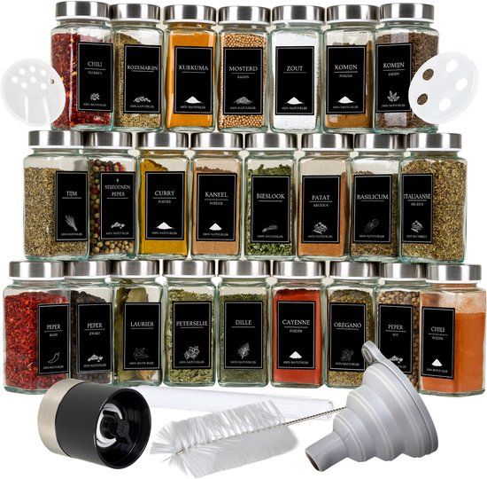 Comforder 24 Glazen Kruidenpotjes - Set met Deksel en Kruidenmolen