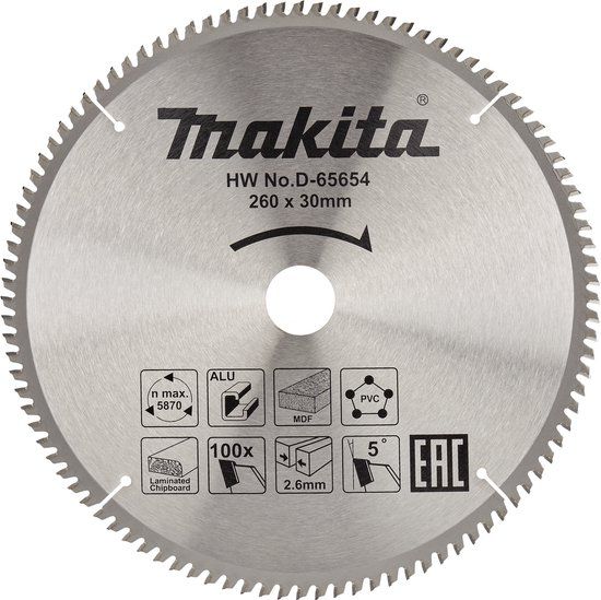 Makita Accessoires D-65654 Afkortzaagblad voor Multimaterial - Ø 260mm - 100T