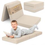 Vloermatras Vouwmatras Kind Opvouwbaar 65x195 cm Logeermatras Vloermatras Kinderkamer Reismatras Draagbaar Compact Afneembare Hoes Wasbaar Oeko-Tex certificaat 65 x 195 Beige