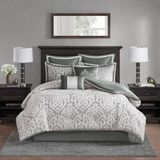 Madison Park Odette Dekbedset, jacquard damast medaillonmotief, modern allseason, alternatief donzen beddengoed, slopen, sierkussens, queensize (229x 229 cm), zilverkleurig, 8-delig