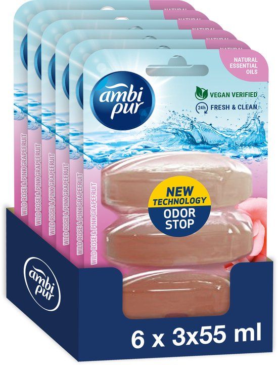 Ambi Pur Toiletblok Navulling Wilde Roos & Grapefruit - 6 x 3 stuks - Voordeelverpakking