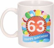 Bellatio Decorations Shoppartners Bv 63 jaar Verjaardag koffiemok - cadeau beker - feestelijke ballonnen print - 300 ml - keramiek - wit