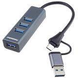 PREMIUMCORD SuperSpeed USB 2-in-1 hub naar 4x USB A, gegevensoverdracht 3.2 Gen1 5 Gbit/s, type C-aansluiting, 5 V opladen, voor pc, laptop, toetsenborden, muis, SSD, metalen behuizing, 15 cm