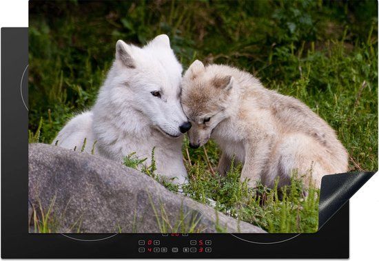 KitchenYeah® Inductie beschermer 77x51 cm - Wolf - Pup - Gras - Inductie kookplaat accessoire