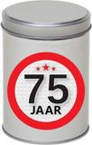 Bellatio Decorations Cadeau Snoepblik - 75 jaar verjaardag - 9 x 13 cm - Cadeauverpakking- metaal - met leeftijd sticker
