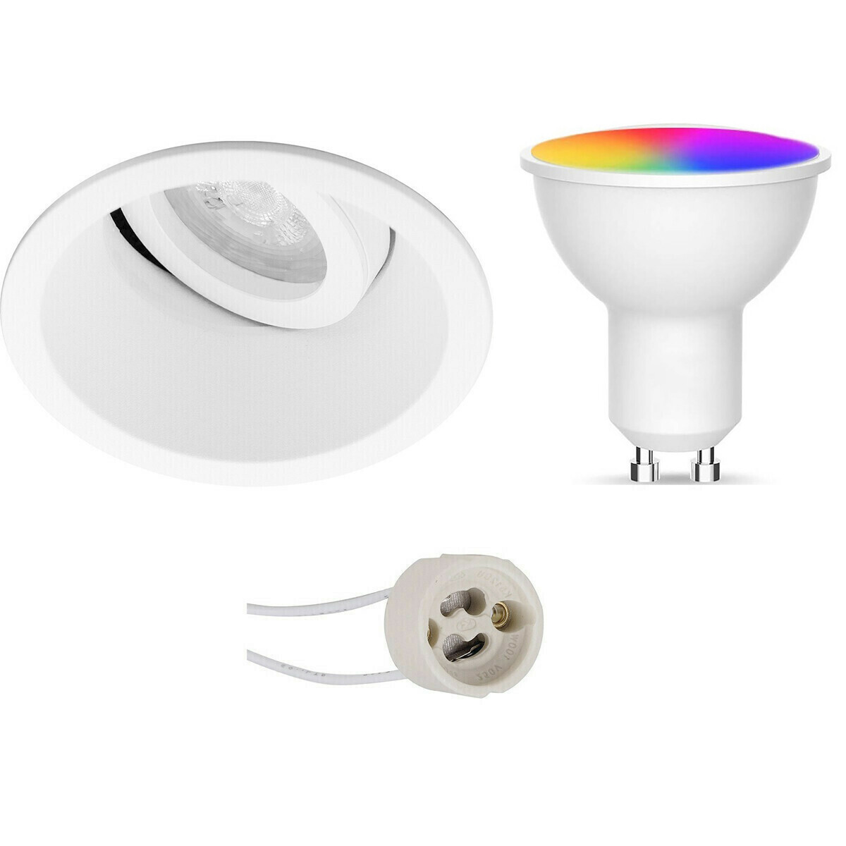 BES LED Voordeelset LED Spot Set GU10 - Facto - Smart LED - Wifi LED - Slimme LED - 5W - RGB+CCT - Aanpasbare Kleur - Dimbaar - Afstandsbediening - Pragmi Zano Pro - Inbouw Rond - Mat Wit - Kantelbaar - Ø93mm