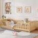 OKWISH Lit enfant 90x200 cm - Lit au sol avec barrière de sécurité et entrée centrale - Lit normal - Sans matelas - Bois de pin - Naturel