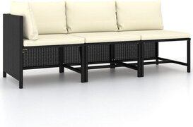 vidaXL 3-delige Loungeset met kussens poly rattan zwart