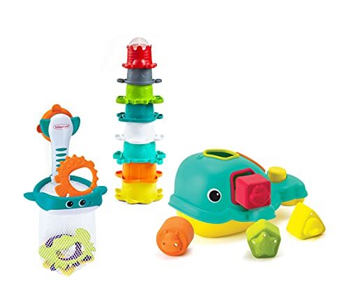 Infantino Ocean Fun Bathtime Playset - inclusief Orca de vormsorterende walvis, schiet 'n scoop oceaan vriendjes en 8 kleurrijke stapelbekers, BPA vrij