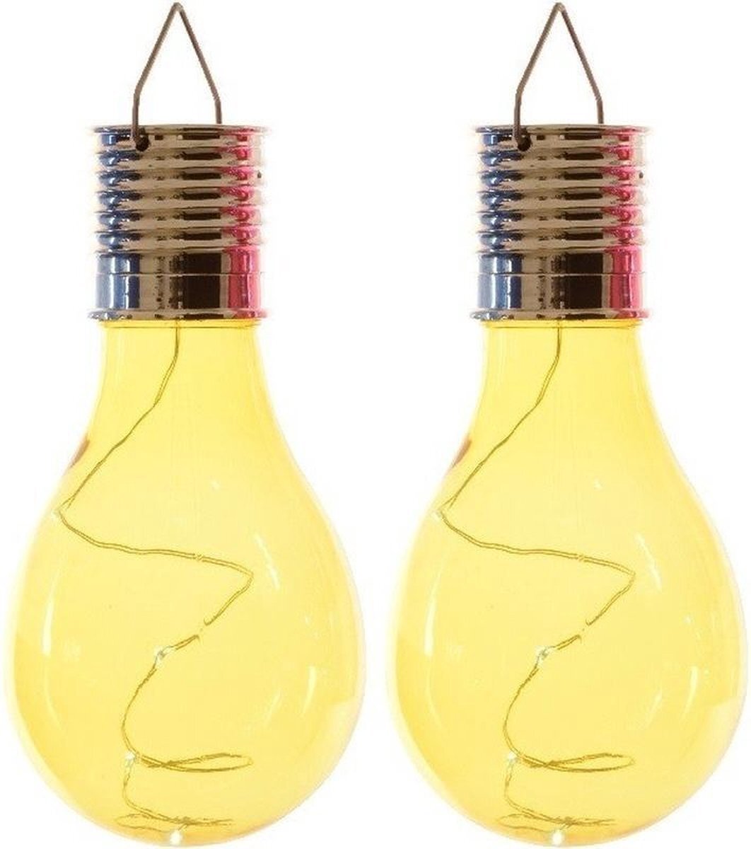 Lumineo 2x Buiten/tuin LED geel lampbolletje/peertje solar verlichting 14 cm - Tuinverlichting - Tuinlampen - Solarlampen zonne-energie